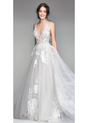 Bohemian Inspired V Neck Gray Lace Tulle Sexy Wedding Dress